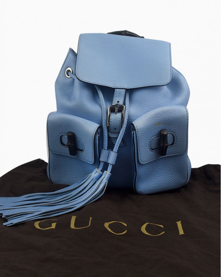 Mochila Gucci original Bamboo couro azul feminina